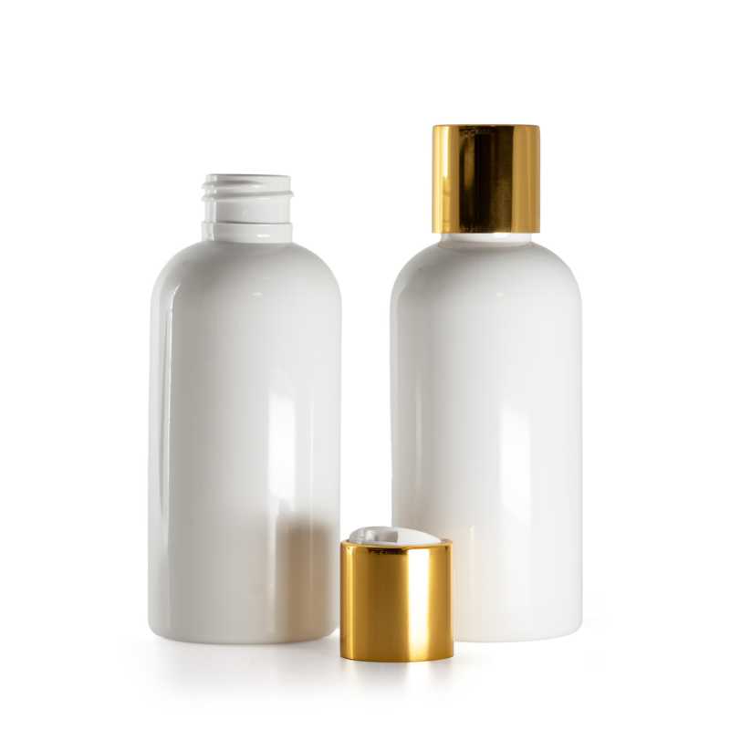 Bottiglia di plastica bianca, tappo disc-top dorato con inserto bianco, 150 ml