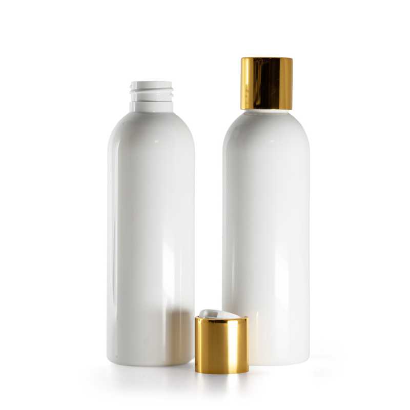 Bottiglia di plastica bianca, tappo disc-top dorato con inserto bianco, 200 ml