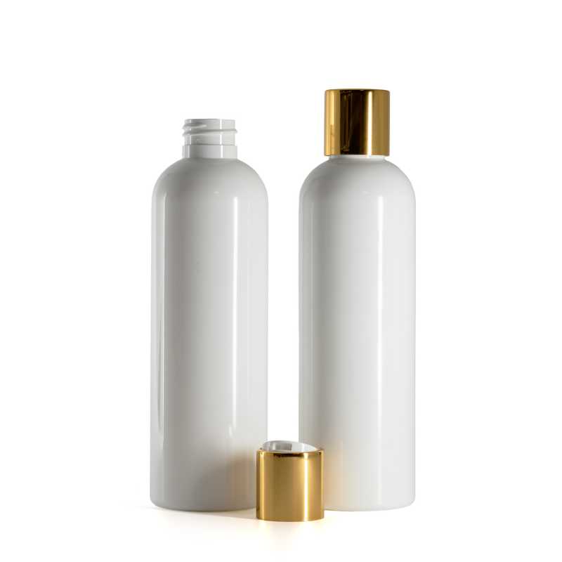 Bottiglia di plastica bianca, tappo disc-top dorato con inserto bianco, 250 ml