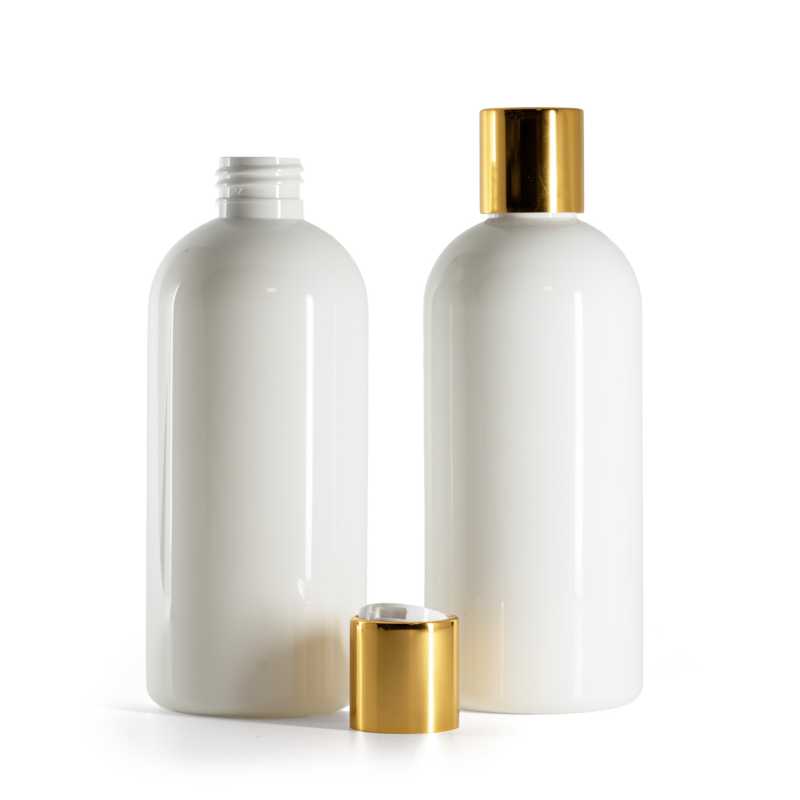 Bottiglia di plastica bianca, tappo disc-top dorato con parte centrale bianca, 300 ml