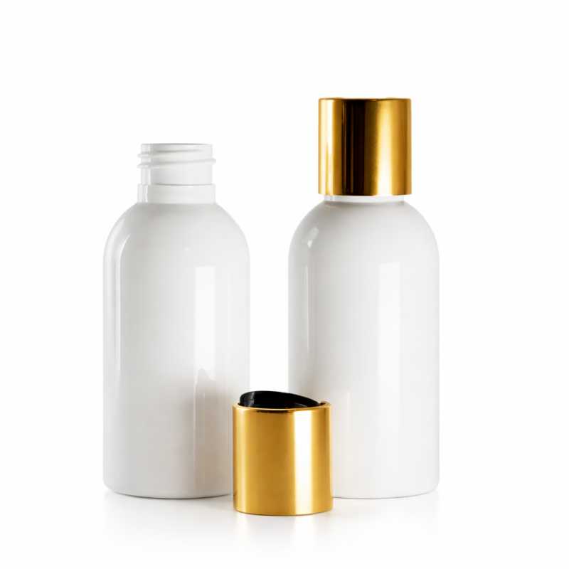 Flacone di plastica bianco, tappo disc-top dorato con inserto nero, 100 ml