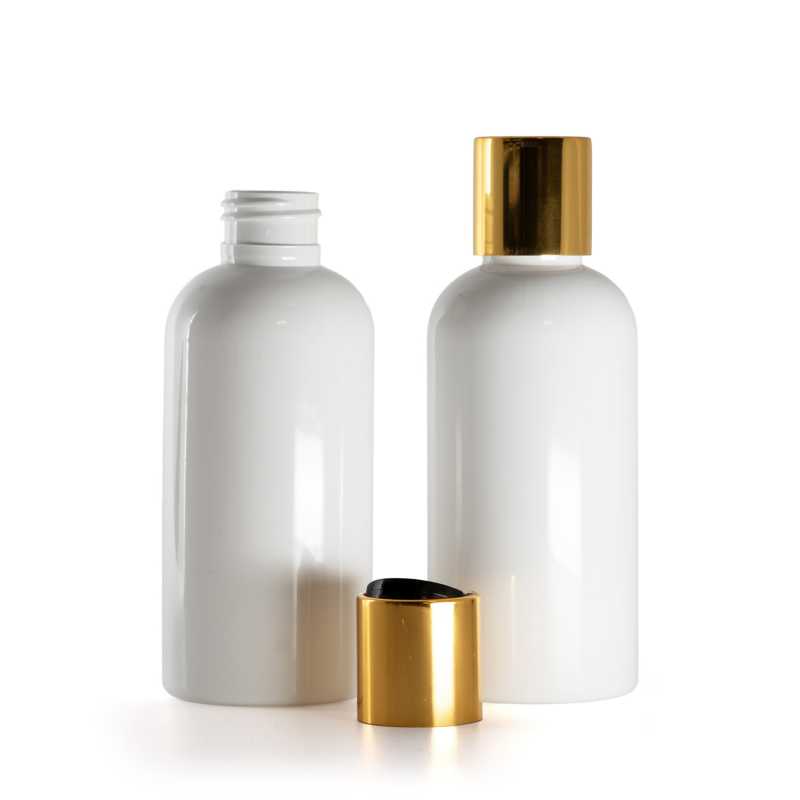 Bottiglia di plastica bianca, tappo disc-top in plastica nera con anello in alluminio dorato, 150 ml