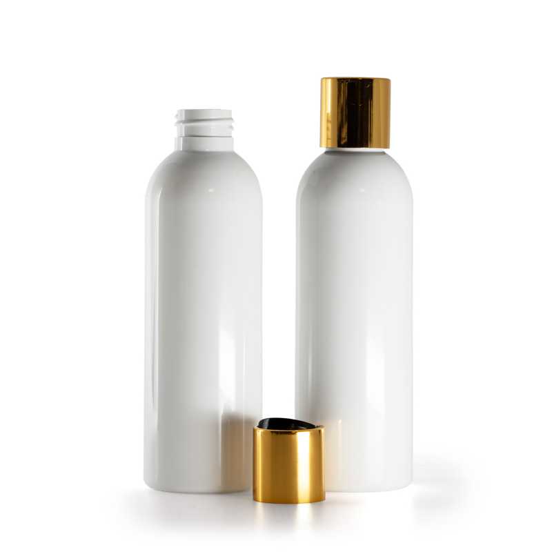 Bottiglia di plastica bianca, tappo disc-top in plastica nera con collarino in alluminio dorato, 200 ml