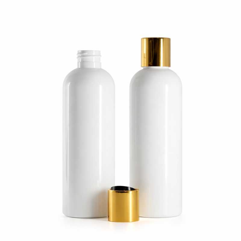 Bottiglia di plastica bianca, tappo disc-top dorato con parte centrale nera, 250 ml