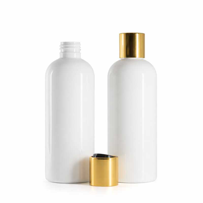 Bottiglia di plastica bianca, tappo disc-top in plastica nera con collarino in alluminio dorato, 300 ml