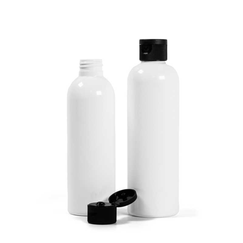 Bottiglia di plastica bianca, tappo flip-top nero, 200 ml