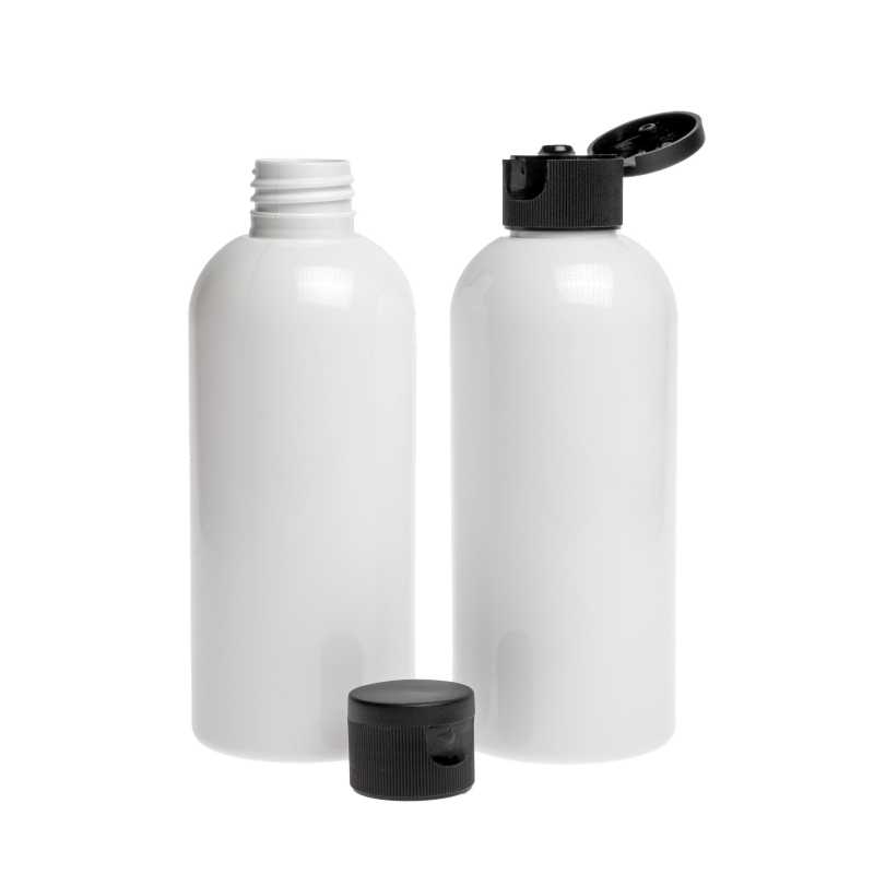 Bottiglia di plastica bianca, tappo flip-top nero, 300 ml