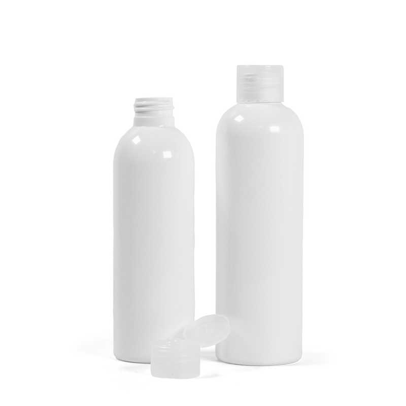 Bottiglia di plastica bianca, tappo flip-top trasparente, 250 ml