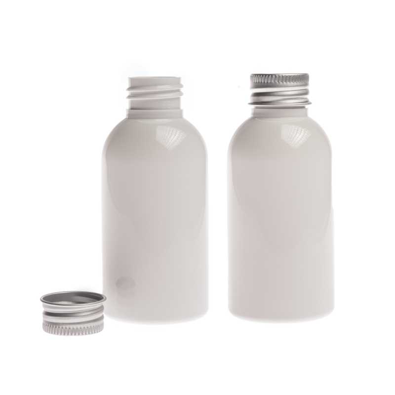 Flacone di plastica bianco, chiusura in alluminio, 100 ml