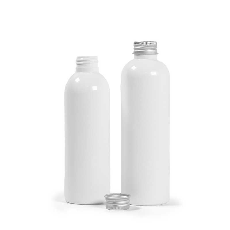 Bottiglia di plastica bianca, tappo in alluminio, 250 ml