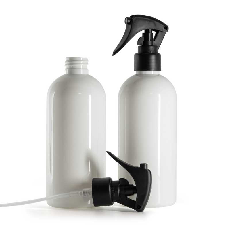 Bottiglia di plastica bianca, spruzzatore a grilletto nero opaco, anello liscio, 300 ml