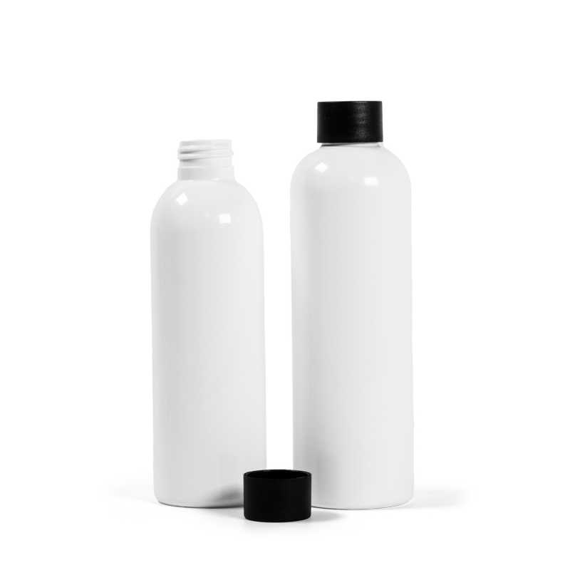 Bottiglia di plastica bianca, 200 ml, tappo nero opaco