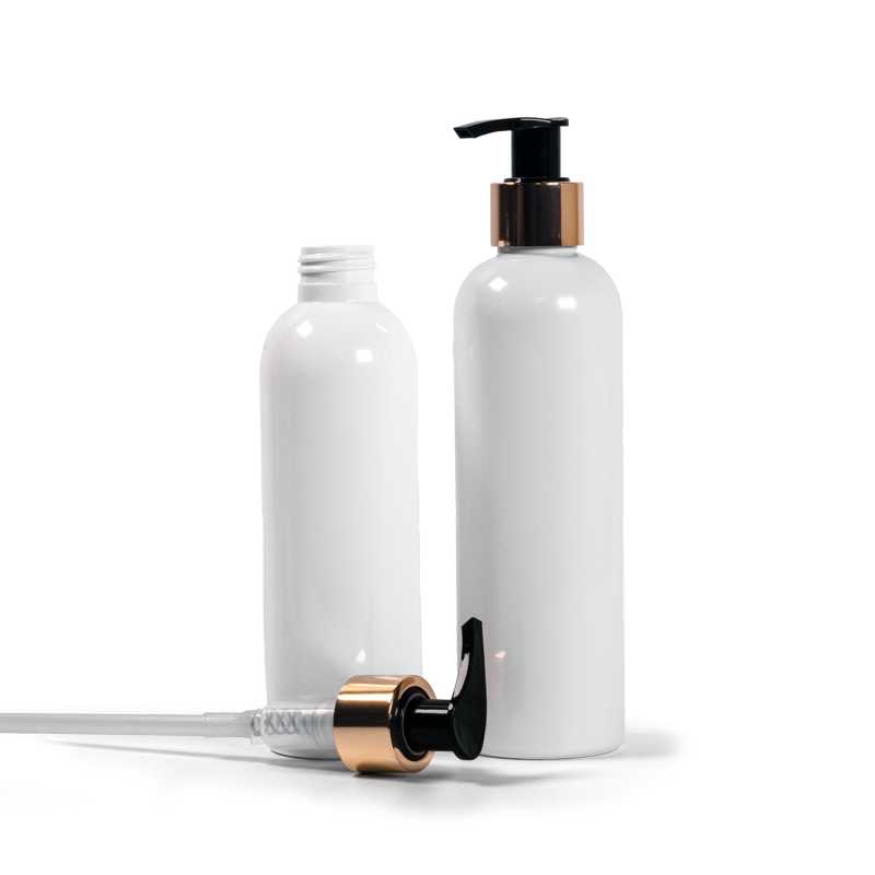 Bottiglia di plastica bianca, pompa in plastica dorata, 250 ml
