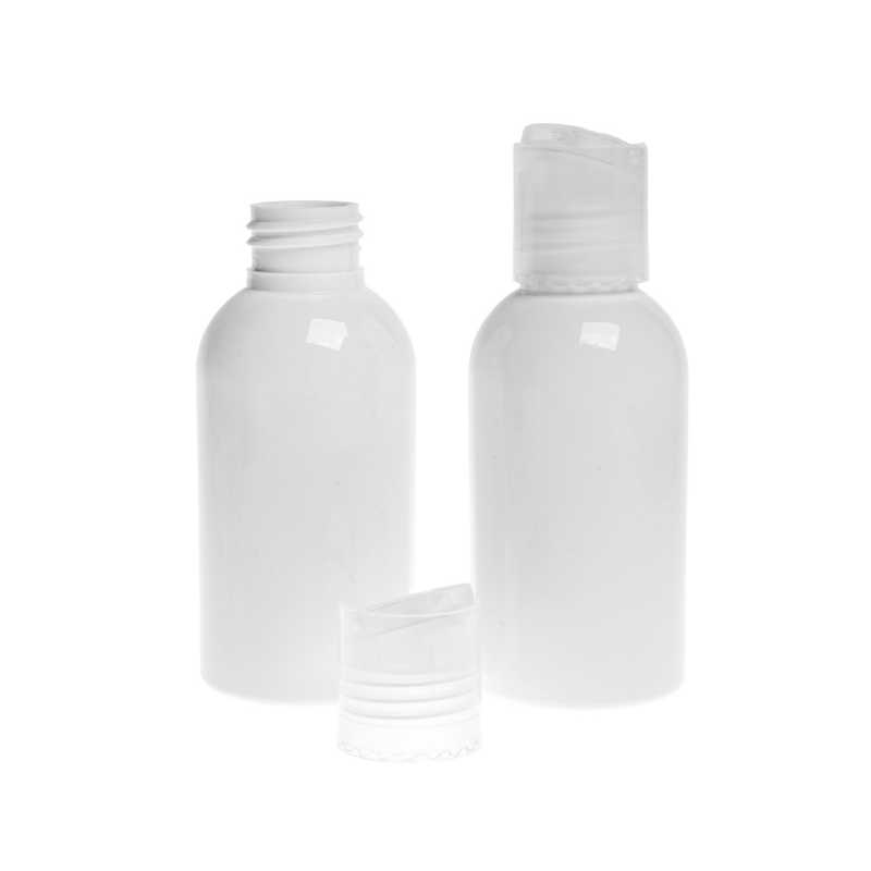 Flacone di plastica bianco, tappo disc-top trasparente, 100 ml