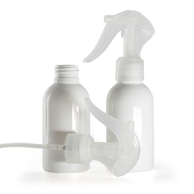Flacone di plastica bianco, spruzzatore a grilletto trasparente, 100 ml