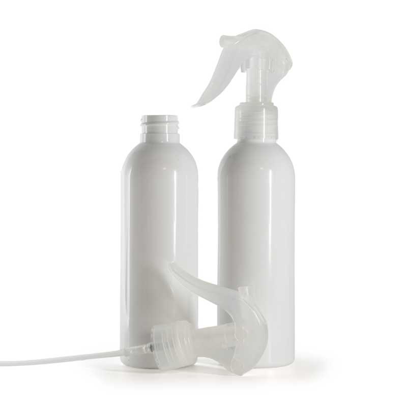 Bottiglia di plastica bianca, spruzzatore a grilletto trasparente, 200 ml