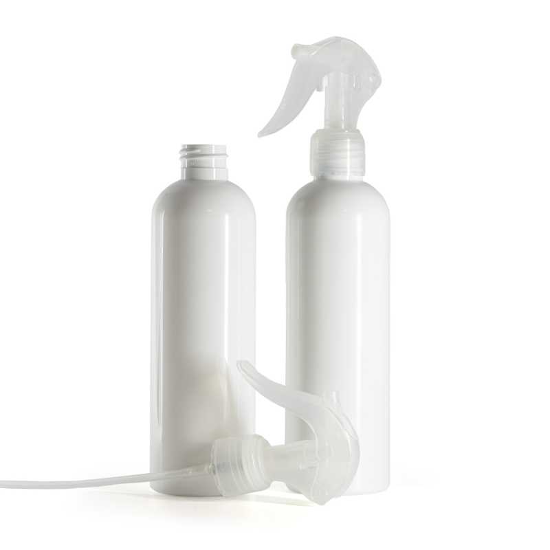 Bottiglia di plastica bianca, spruzzatore a grilletto trasparente, 250 ml