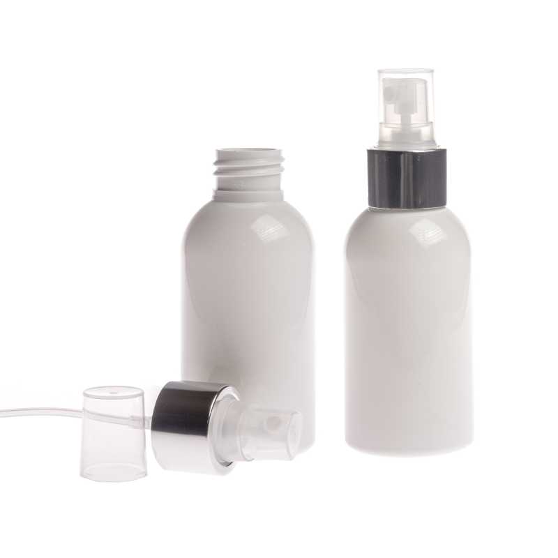 Flacone di plastica bianco, spruzzatore trasparente, anello argento lucido, 100 ml