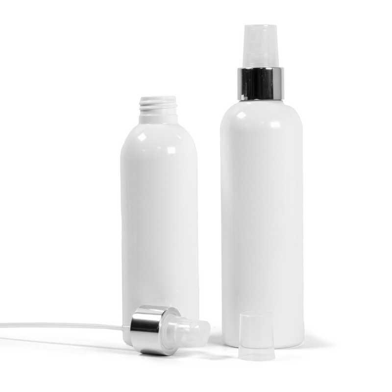 Bottiglia di plastica bianca, spruzzatore trasparente, anello argento lucido, 250 ml