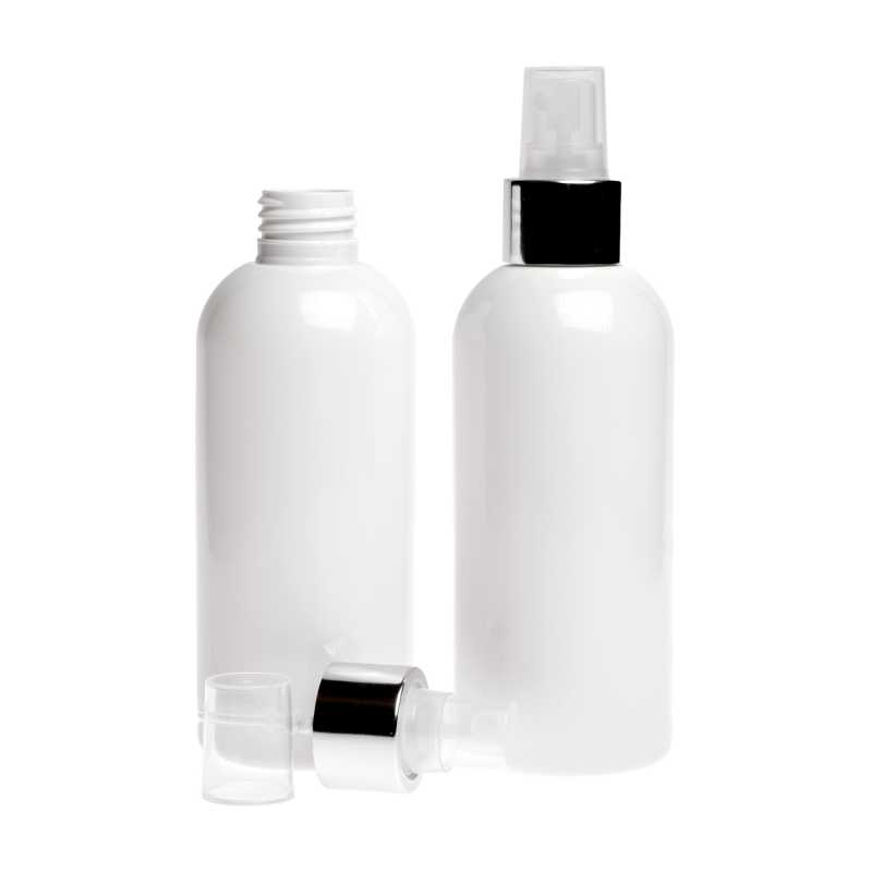 Bottiglia di plastica bianca, spruzzatore trasparente, anello argento lucido, 300 ml