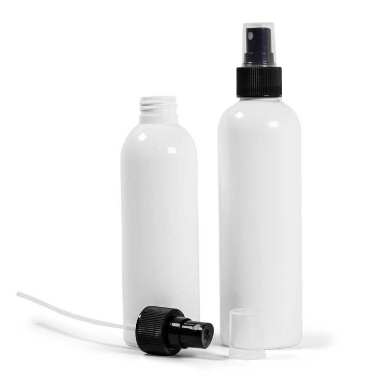 Bottiglia di plastica bianca, spruzzatore nero, 200 ml
