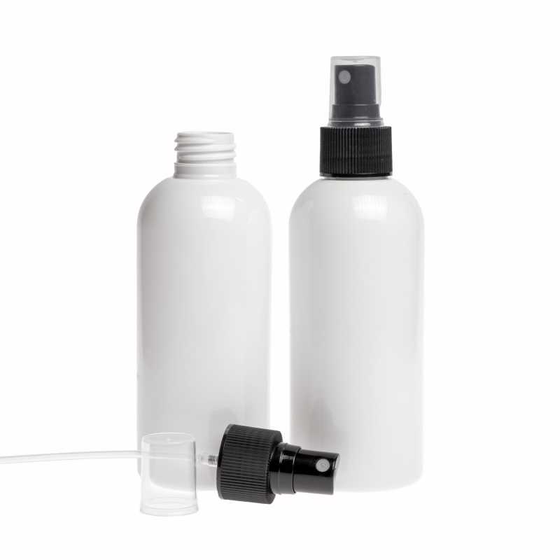 Bottiglia di plastica bianca, spruzzatore nero, 300 ml
