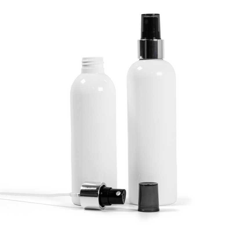 Bottiglia di plastica bianca, spruzzatore nero, anello argento lucido, 200 ml