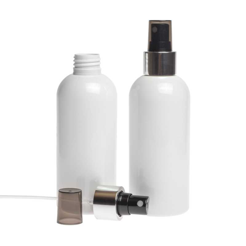Bottiglia di plastica bianca, spruzzatore nero, anello argento lucido, 300 ml