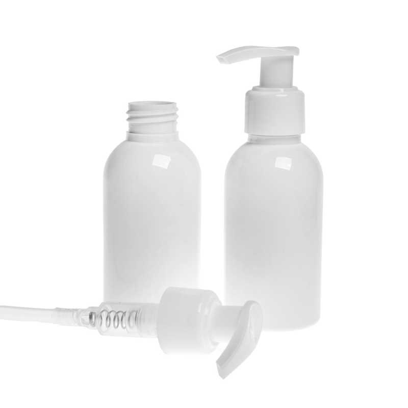 Bottiglia di plastica bianca, pompa bianca, 150 ml