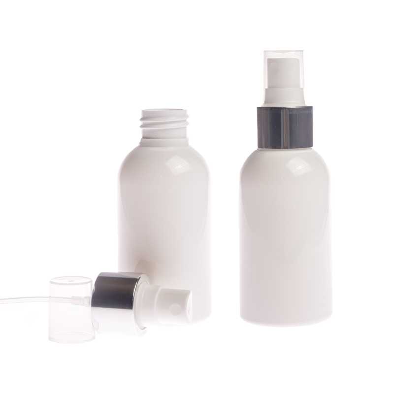 Bottiglia di plastica bianca, spruzzatore bianco, anello argentato lucido, 150 ml