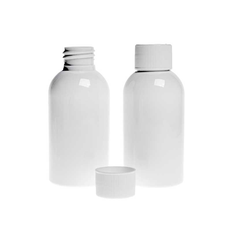 Bottiglia di plastica bianca, tappo a vite bianco, 150 ml
