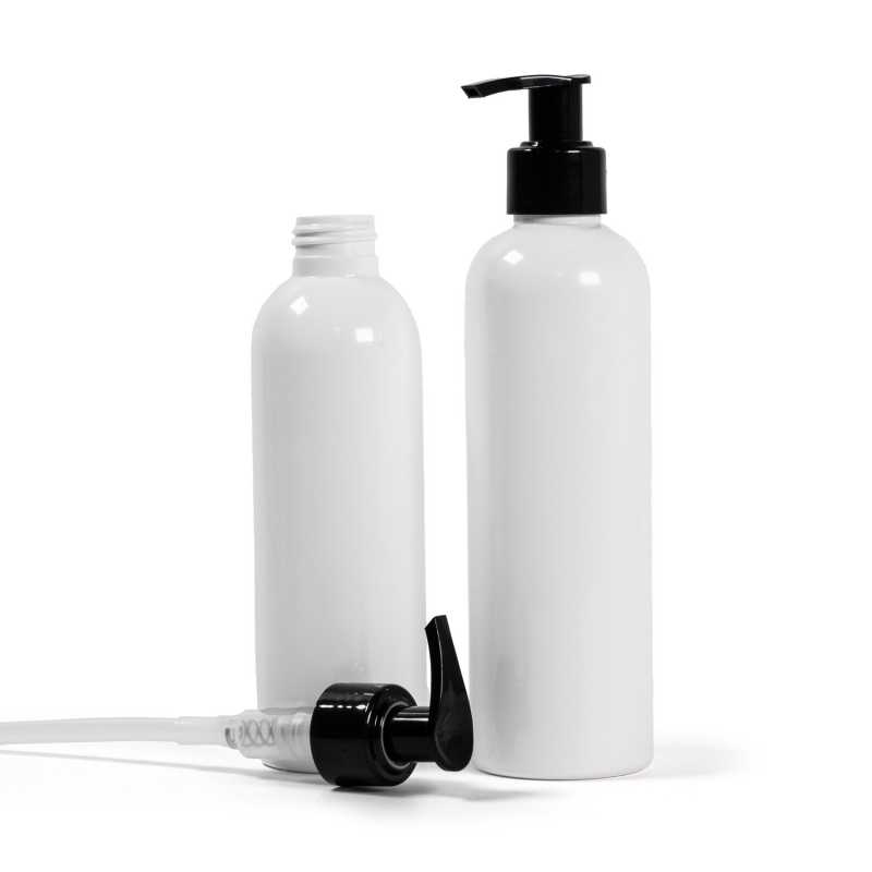 Bottiglia di plastica bianca, dosatore nero, 200 ml