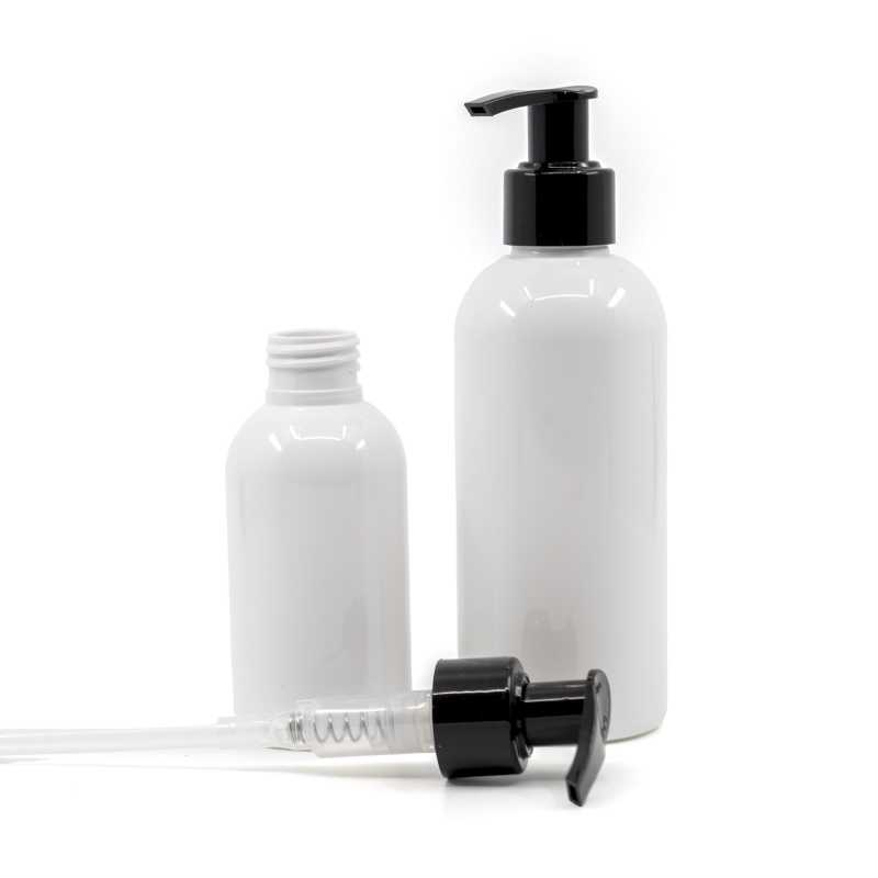 Bottiglia di plastica bianca, dosatore nero, 300 ml