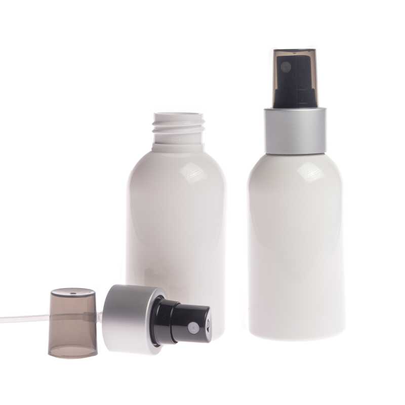 Bottiglia di plastica bianca, spruzzatore nero, anello argento opaco, sopra-tappo fumé, 150 ml