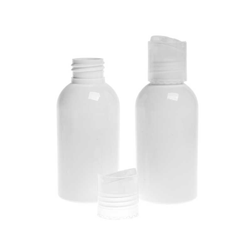 Bottiglia di plastica bianca, tappo disc-top trasparente, 150 ml