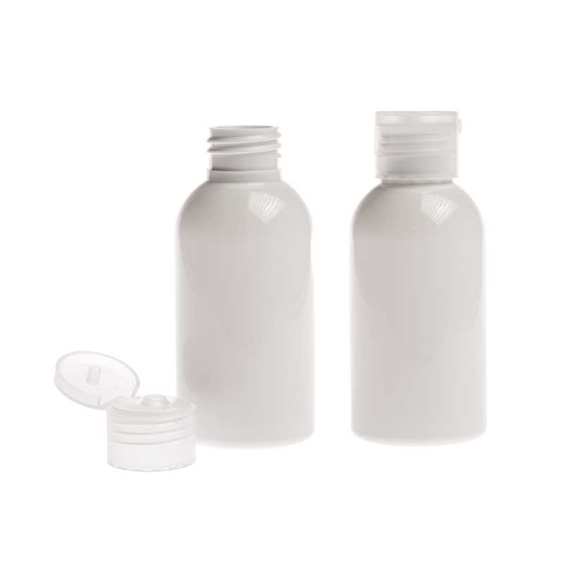 Bottiglia di plastica bianca, tappo flip-top trasparente, 150 ml