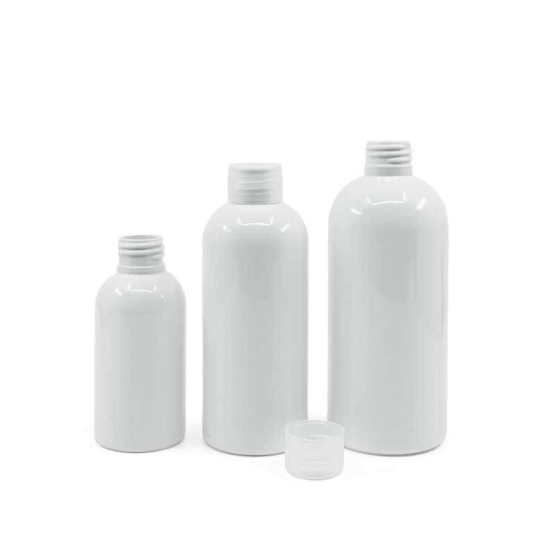 Bottiglia di plastica bianca, tappo trasparente, 150 ml