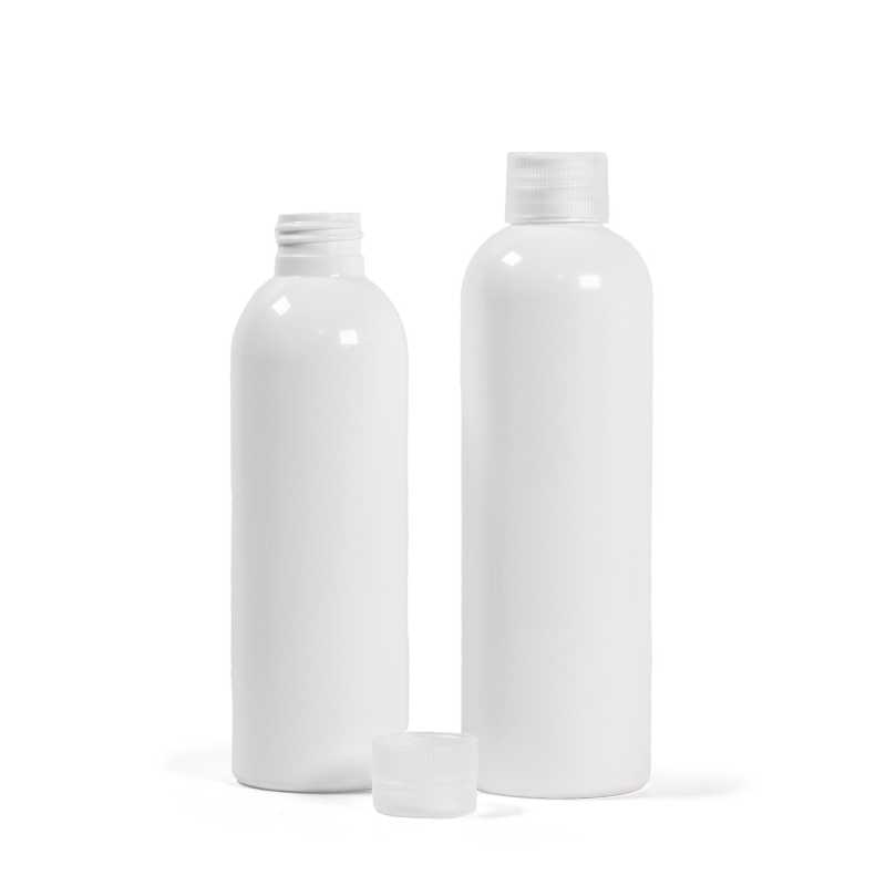 Bottiglia di plastica bianca, tappo trasparente, 200 ml