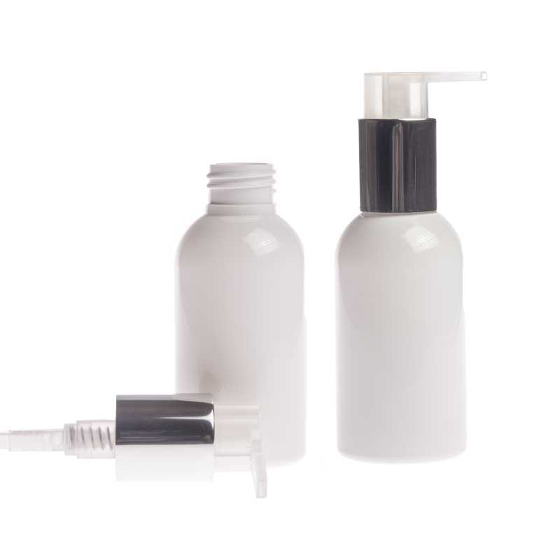 Bottiglia di plastica bianca, dosatore argentato, 150 ml