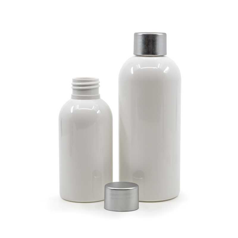 Bottiglia di plastica bianca, 150 ml, tappo in plastica argentato