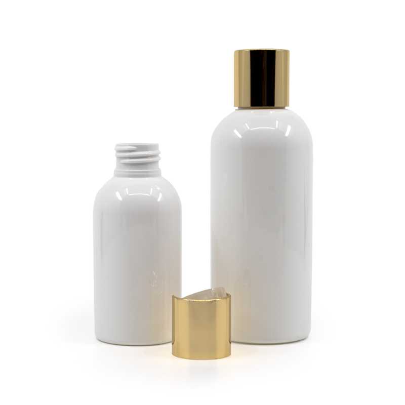 Bottiglia di plastica bianca, tappo flip-top dorato, 150 ml
