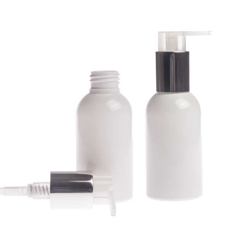Flacone di plastica bianco, pompa argentata, 100 ml