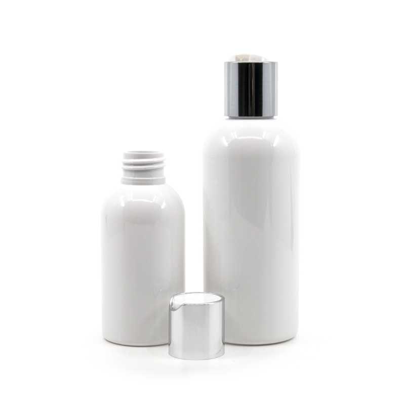 Flacone di plastica bianco, tappo flip-top argentato, 100 ml