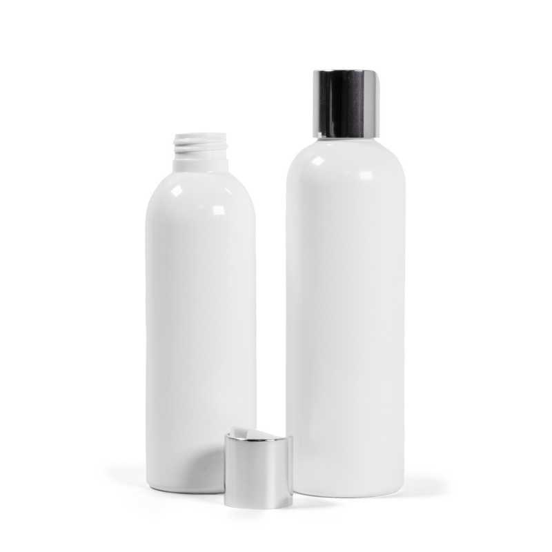 Bottiglia di plastica bianca, tappo flip-top argentato, 200 ml
