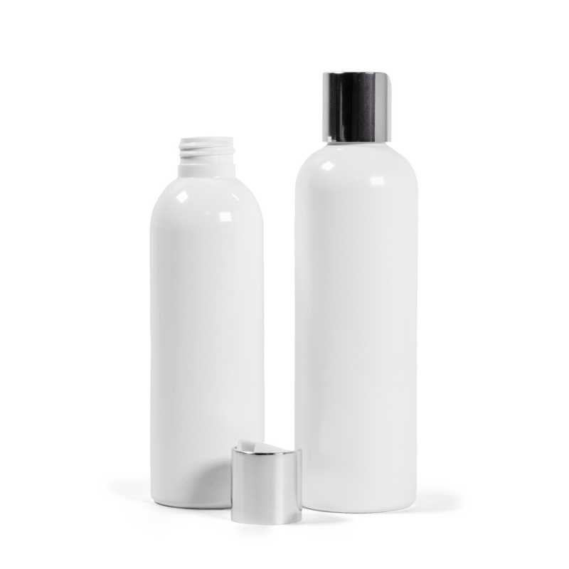 Bottiglia di plastica bianca, tappo flip-top argentato, 250 ml