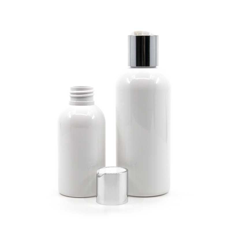 Bottiglia di plastica bianca, tappo flip-top argentato, 300 ml