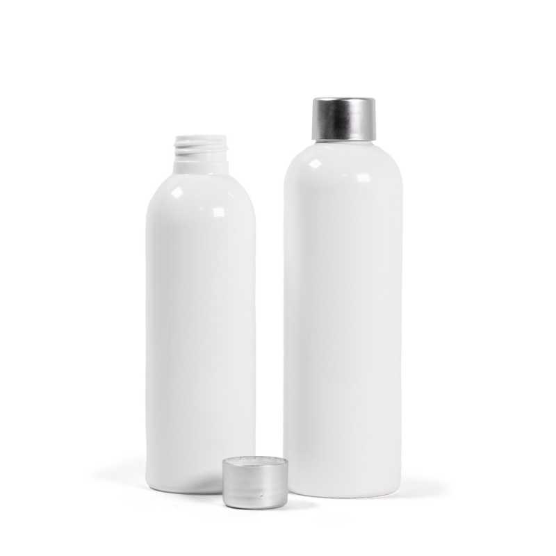 Bottiglia di plastica bianca, 200 ml, tappo argentato