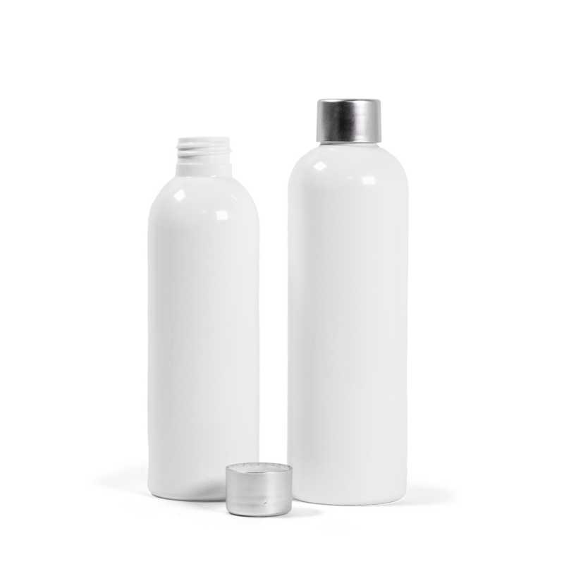 Bottiglia di plastica bianca, tappo argentato, 250 ml