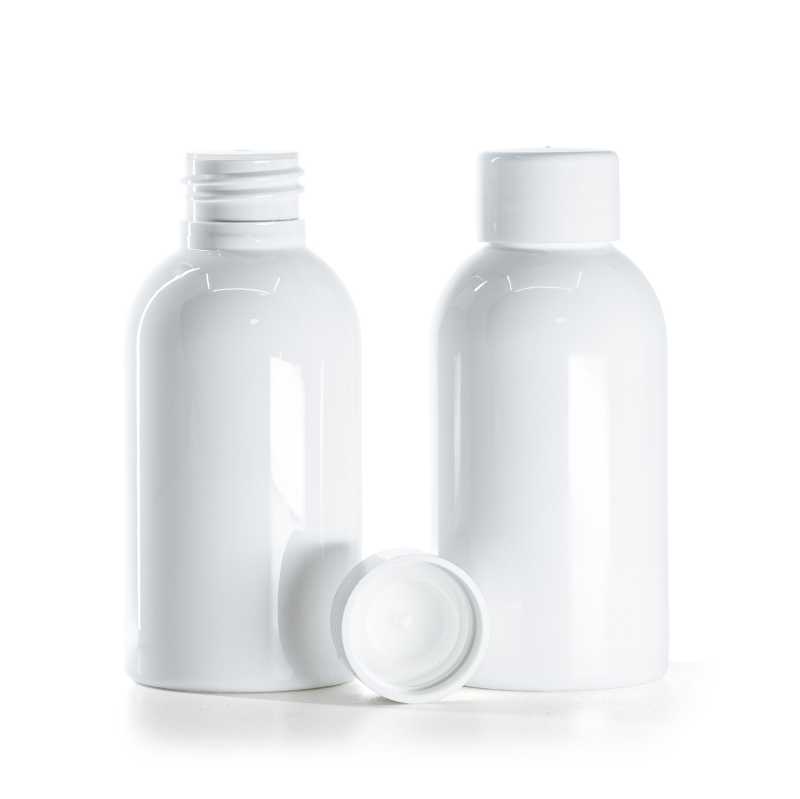 Flacone di plastica bianco, tappo bianco liscio con riduttore, 100 ml