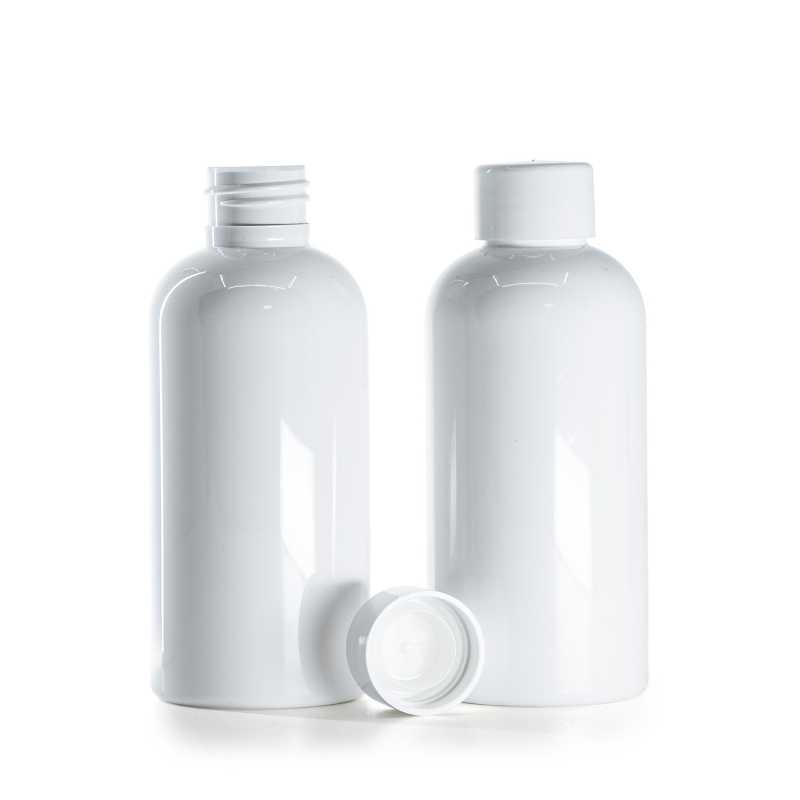 Bottiglia di plastica bianca, tappo bianco liscio con riduttore, 150 ml
